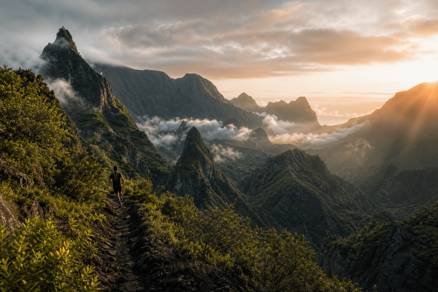 Traileur dans les reliefs de Mafate à La Réunion