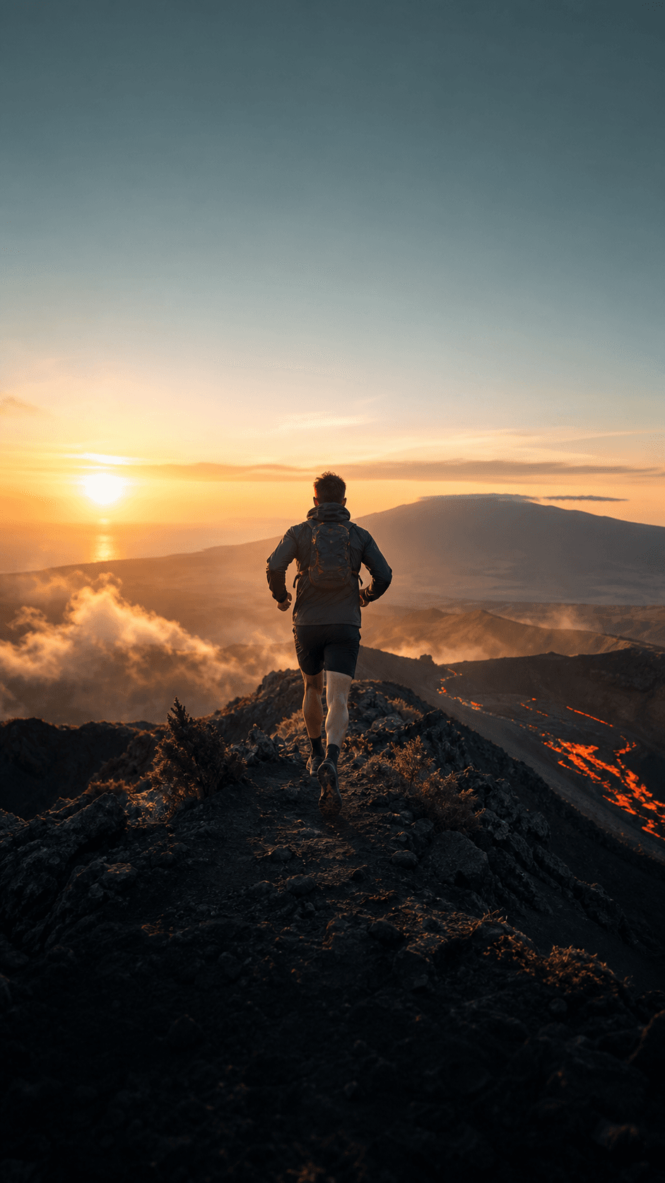 Traileur avançant sur une crête volcanique au lever du soleil